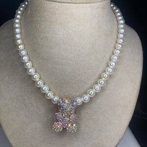 Elegant Pearl Necklace with Multicolor Bear Pendant